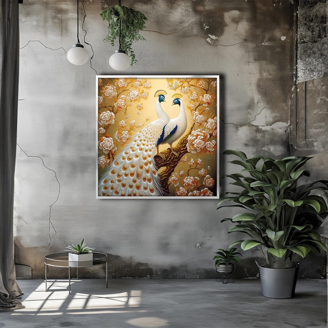 Elegant Pair of White Peacocks Golden Peony Blossom Art Poster - Image 3