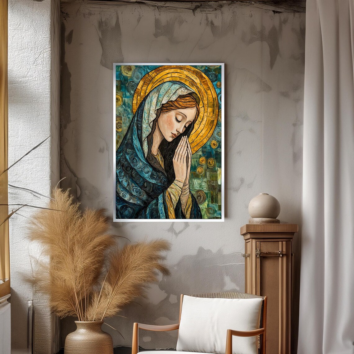 Byzantine Style Praying Virgin Mary In Blue And Gold Mosaic Colors Poster - Image 3