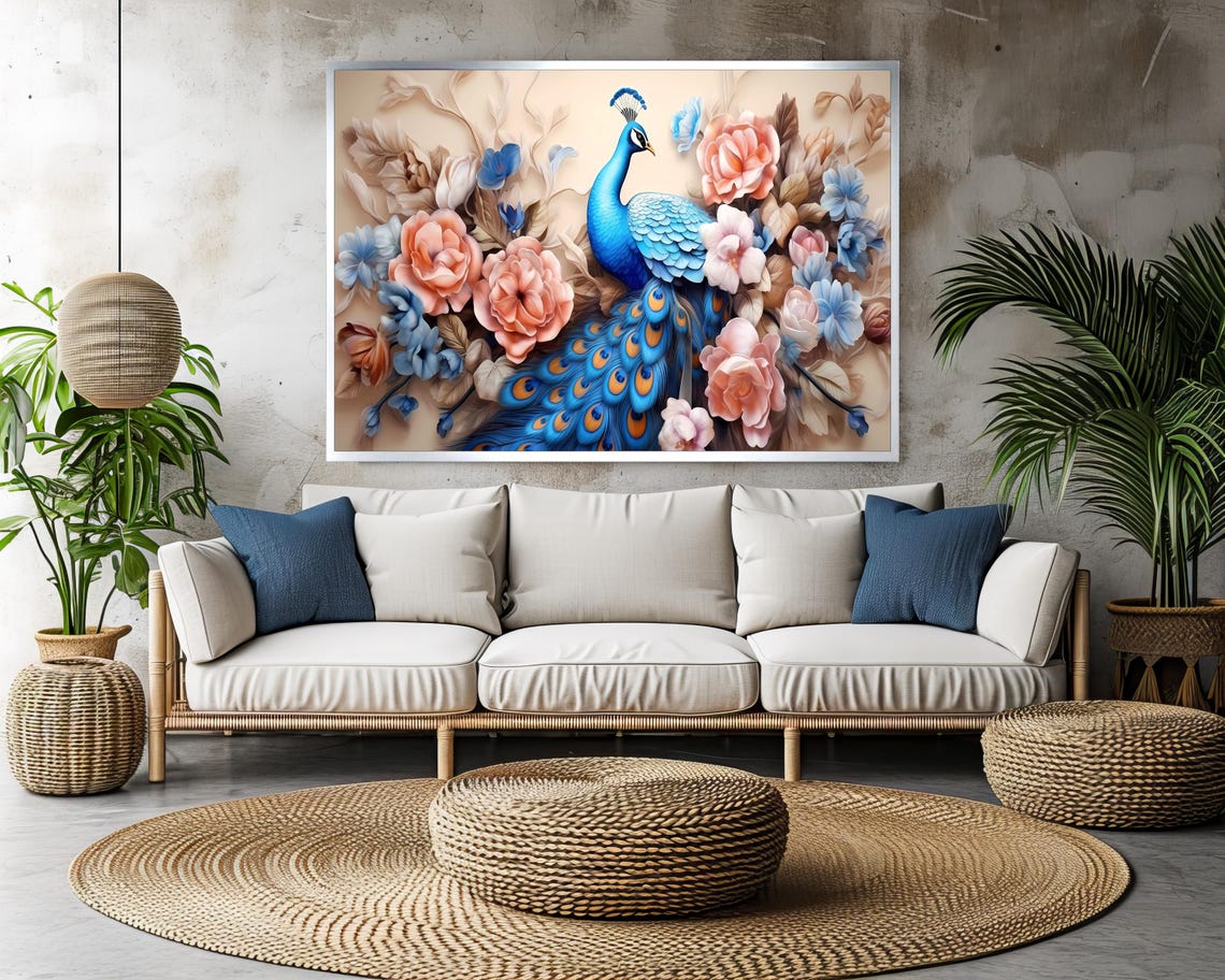 Elegant Blue Peacock With Blossom Floral Garden Decor Poster - Image 3