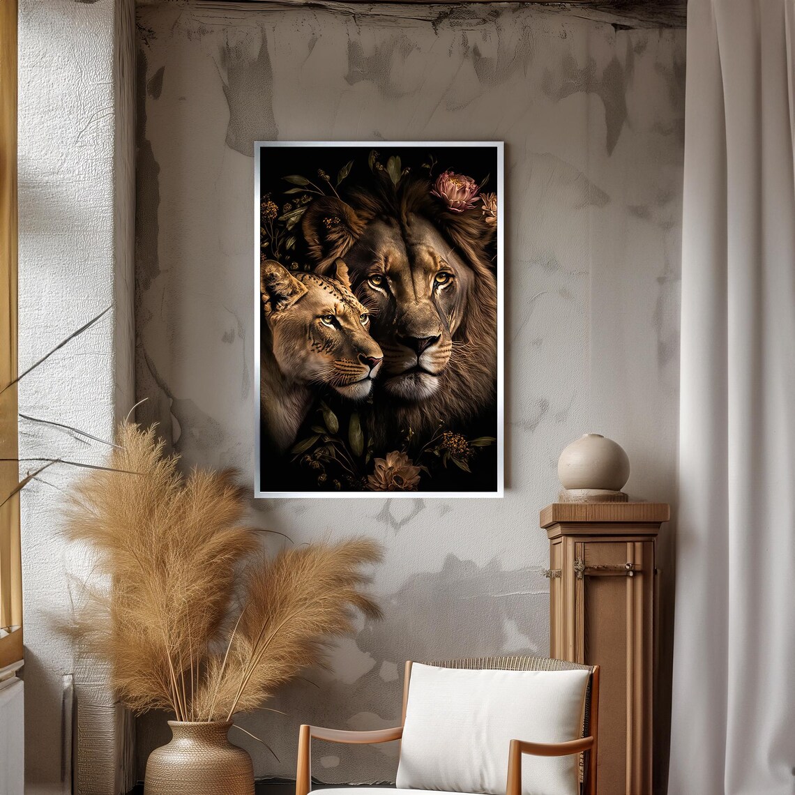 Tender Lion and Lioness Couple Dark Floral Portrait Poster For Bedroom Decor - Image 3