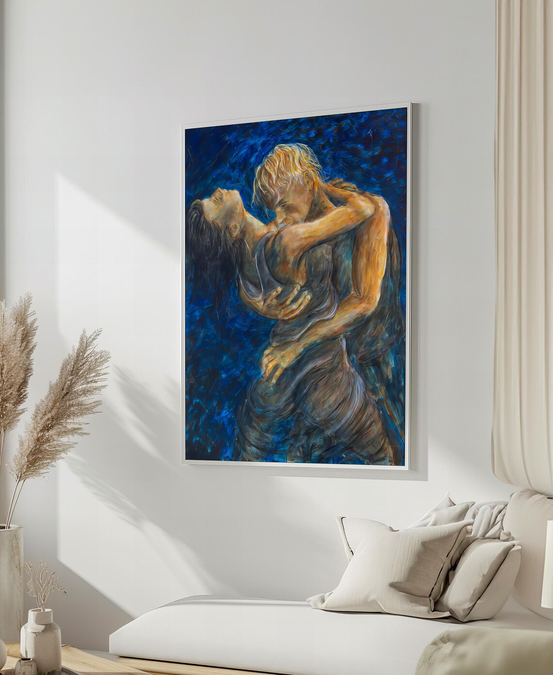 Passionate Blue Embrace Expressive Romantic Couple Art Poster