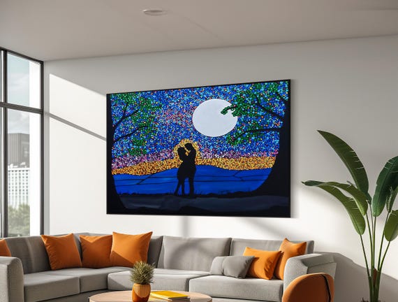 Moonlit Dance Silhouetted Couple Under A Starry Sky Vivid And Romantic Painting For A Special Gift