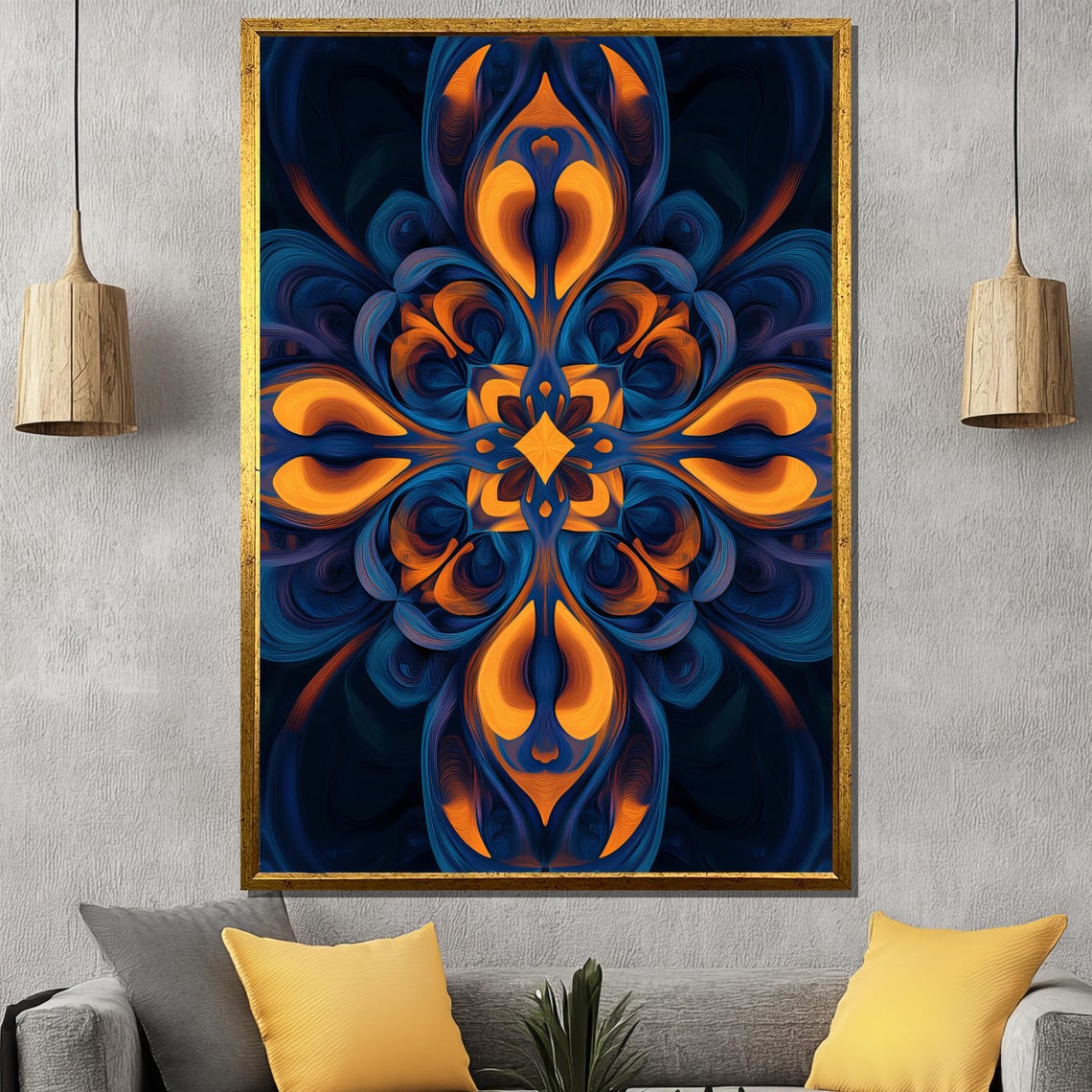 Blue and Orange Ornate Swirling Symmetry Kaleidoscope Poster