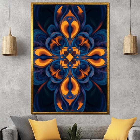 Blue And Orange Abstract Painting Modern Mandala Wall Art Geometric Home Decor Gift