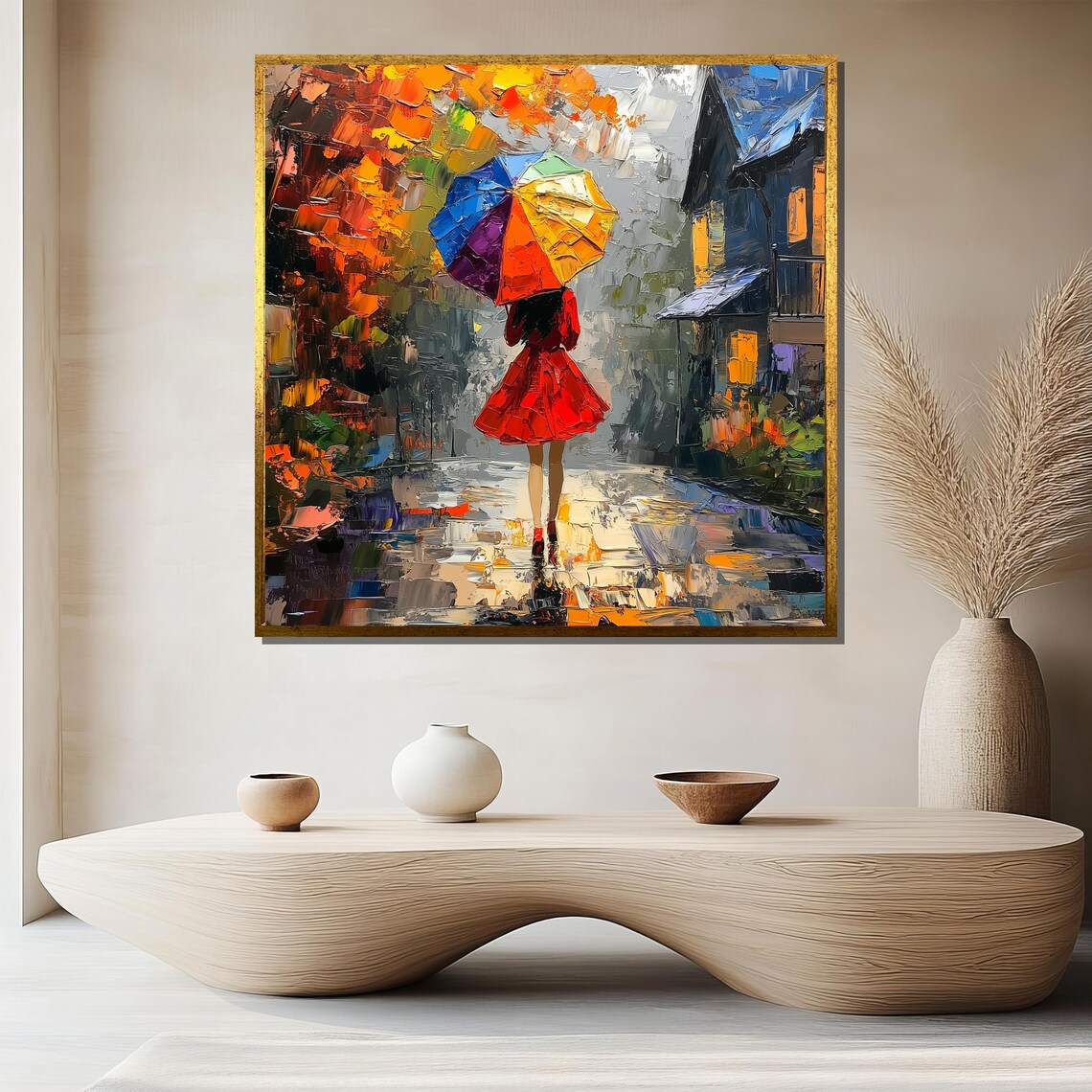 Rainbow Umbrella Girl On Autumn Street Impressionist Scene Poster