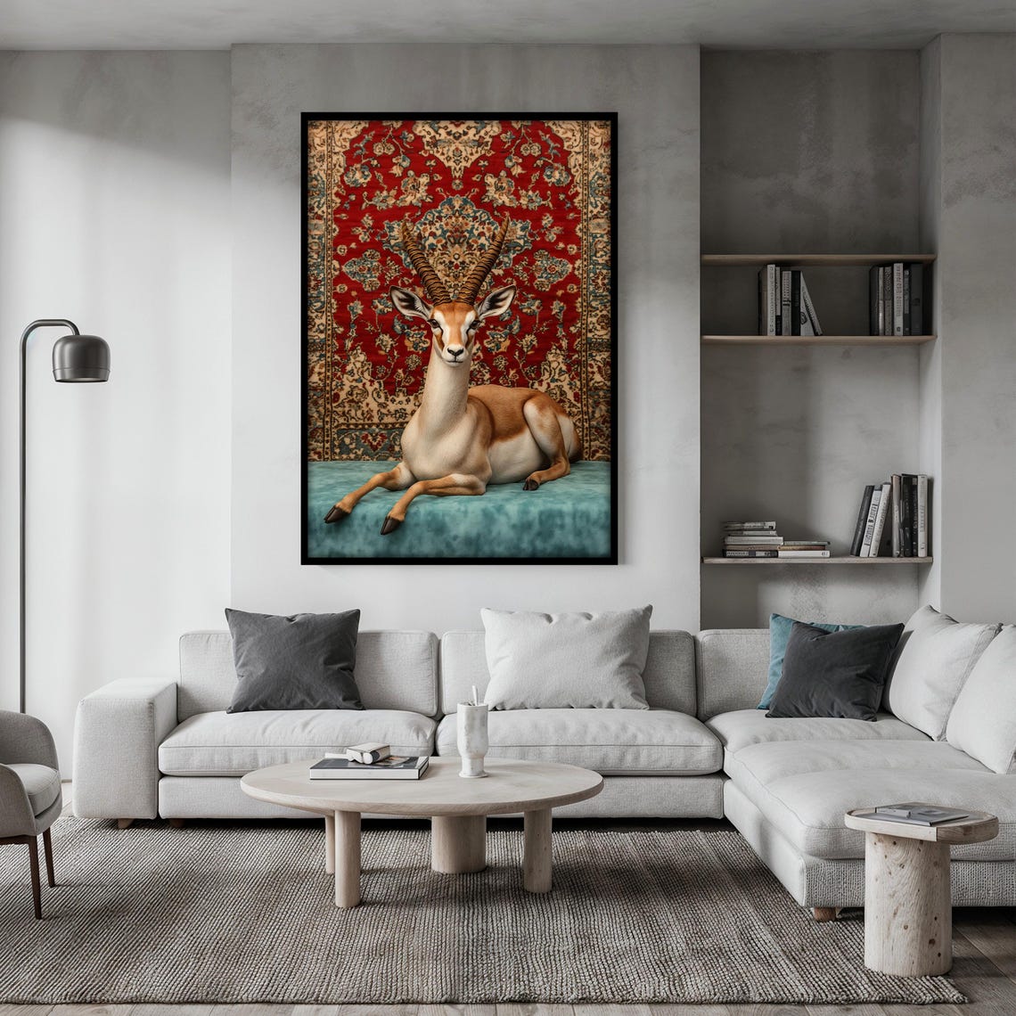 Gazelle Reclining Gracefully on a Teal Cushion with Red Rug Poster - Image 2