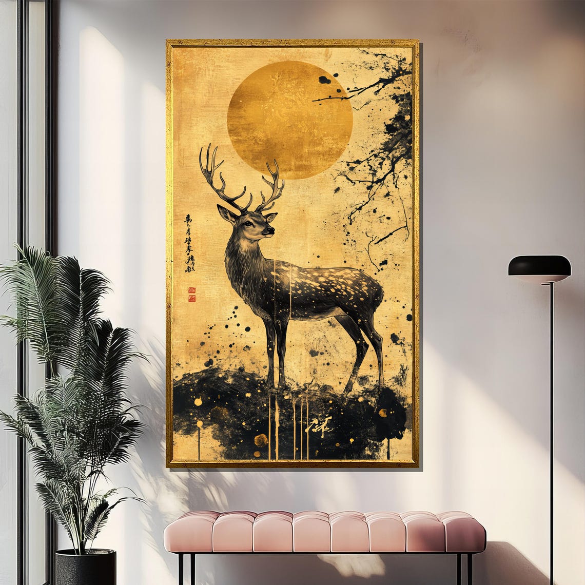 Golden Japanese Deer Beneath Full Moon Ink Wash Style Art Poster