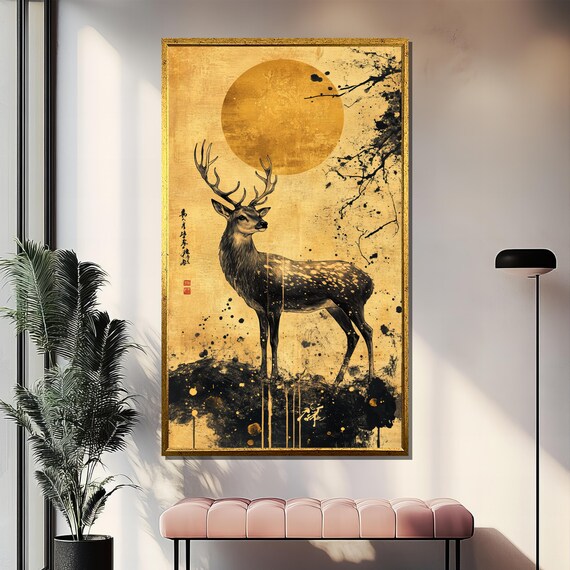 Golden Japanese Deer Beneath Full Moon Ink Wash Style Art Poster