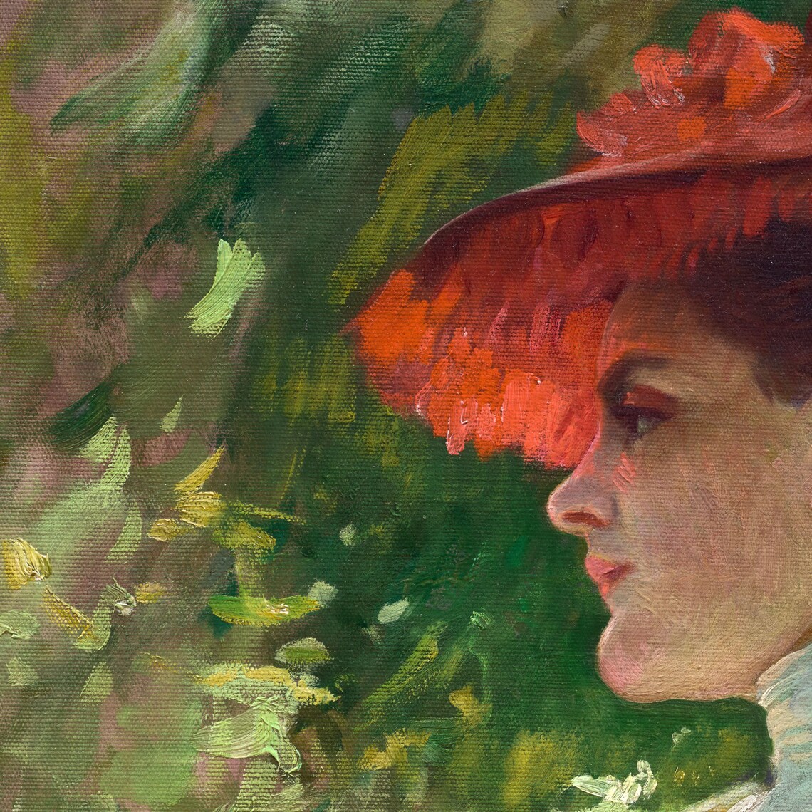 Woman In Red Hat Portrait Vintage Oil Painting Garden Scene Poster - Image 2