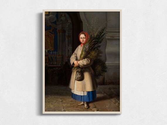 Peasant Girl Red Headscarf Willow Branches Church Doorway Art Poster
