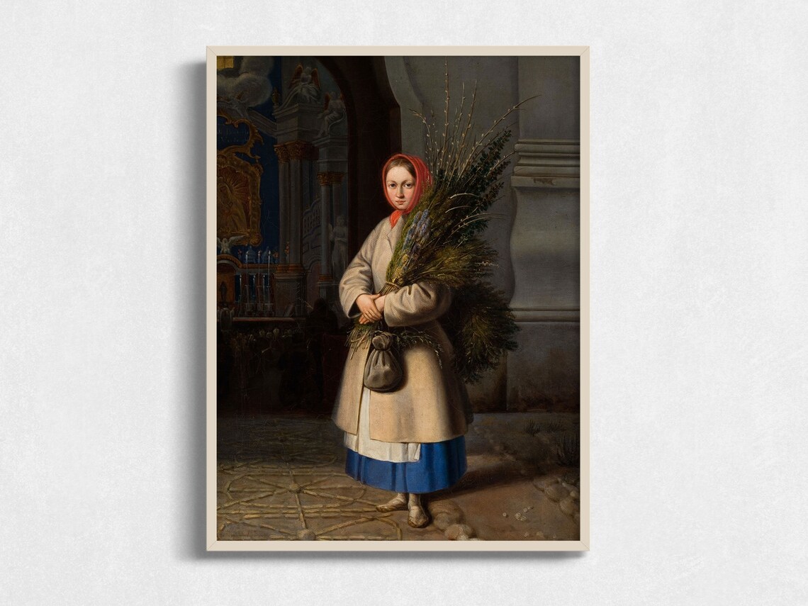 Peasant Girl Red Headscarf Willow Branches Church Doorway Art Poster
