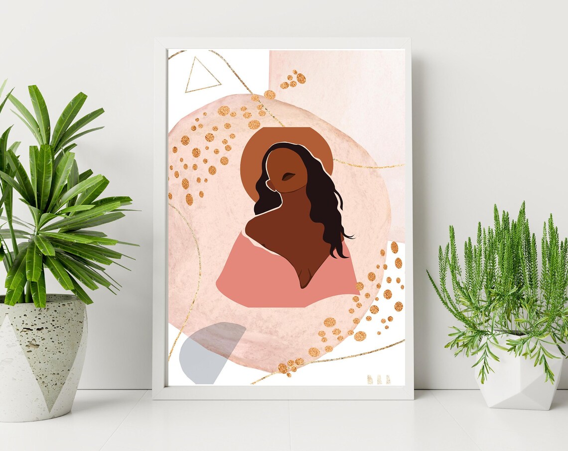 Blush Pink Gold Halo Faceless Woman Goddess Portrait Abstract Art Print