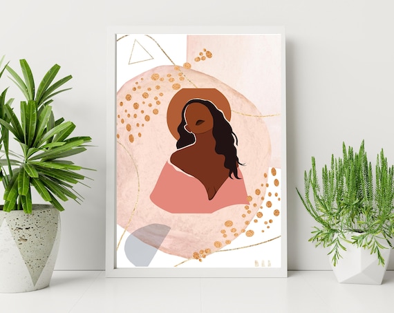 Blush Pink Gold Halo Faceless Woman Goddess Portrait Abstract Art Print