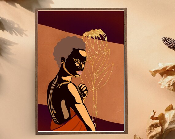 Black Woman Golden Protea Glitter Flower Terracotta Art Poster