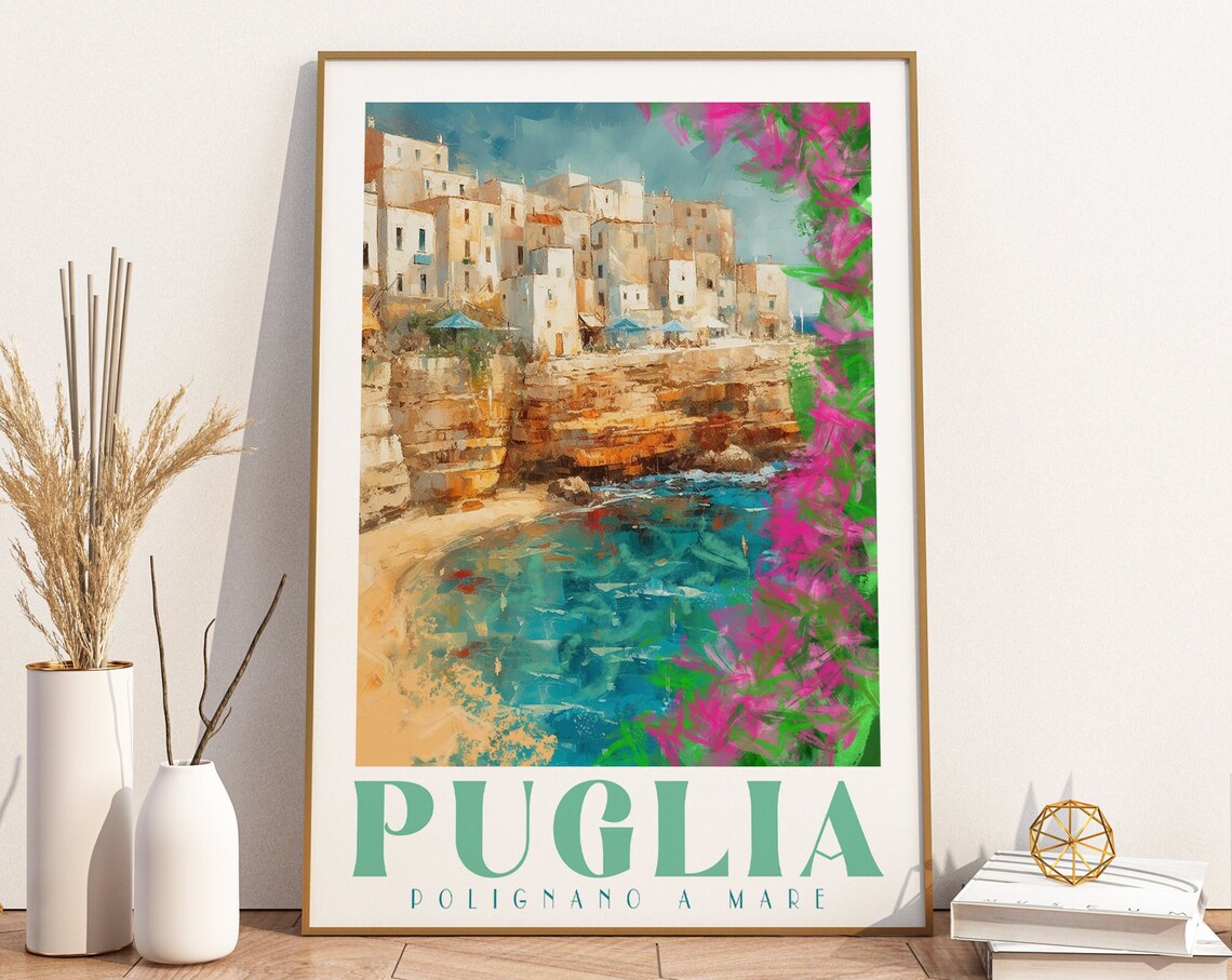 Puglia Italy Polignano A Mare Cliffs Painted Travel Poster Sea View