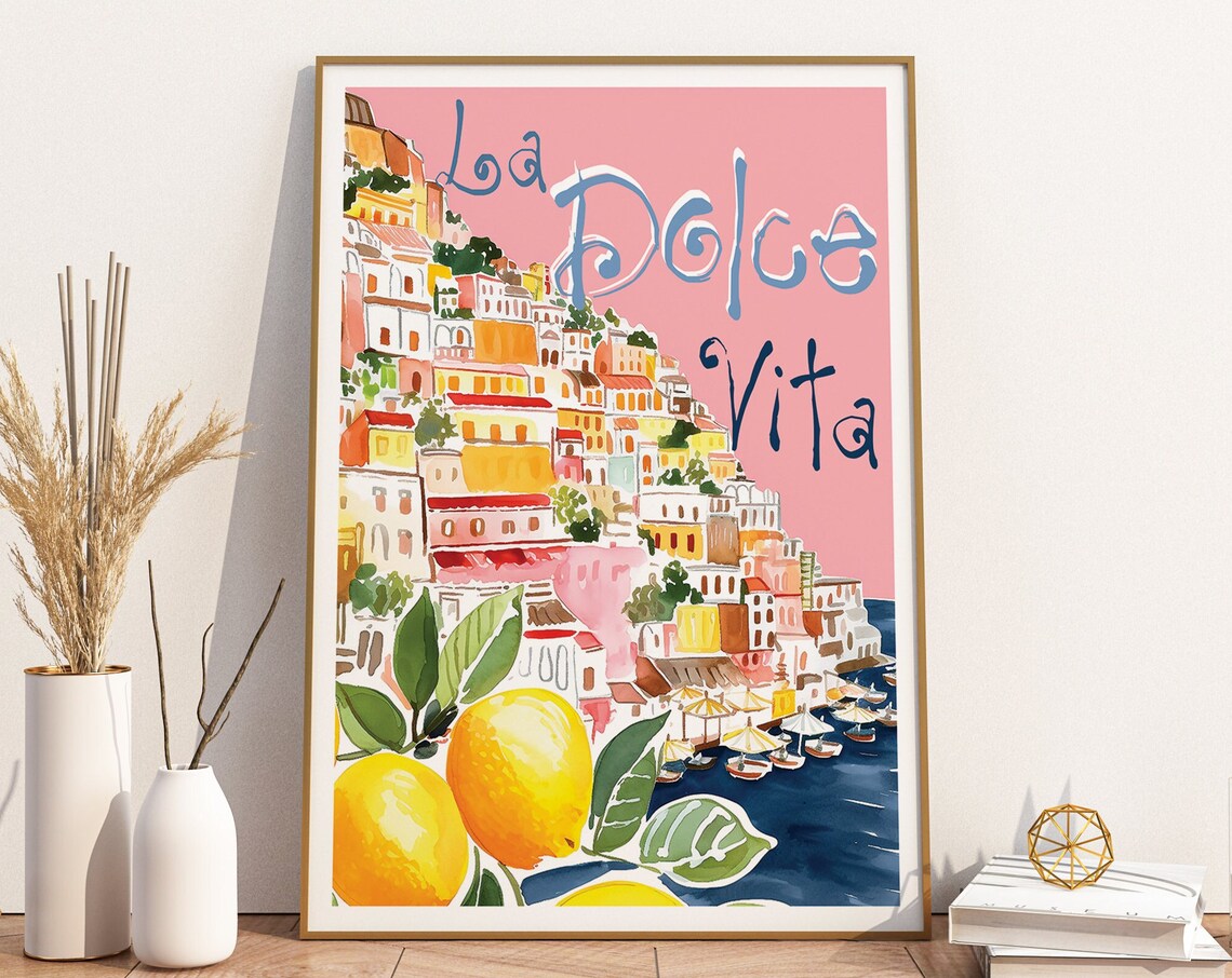 La Dolce Vita Positano Pink Amalfi Coast Travel Watercolor Poster