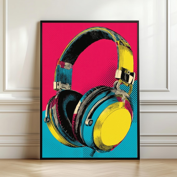 Pop Art Headphones Retro Music Poster Colorful DJ Halftone Design