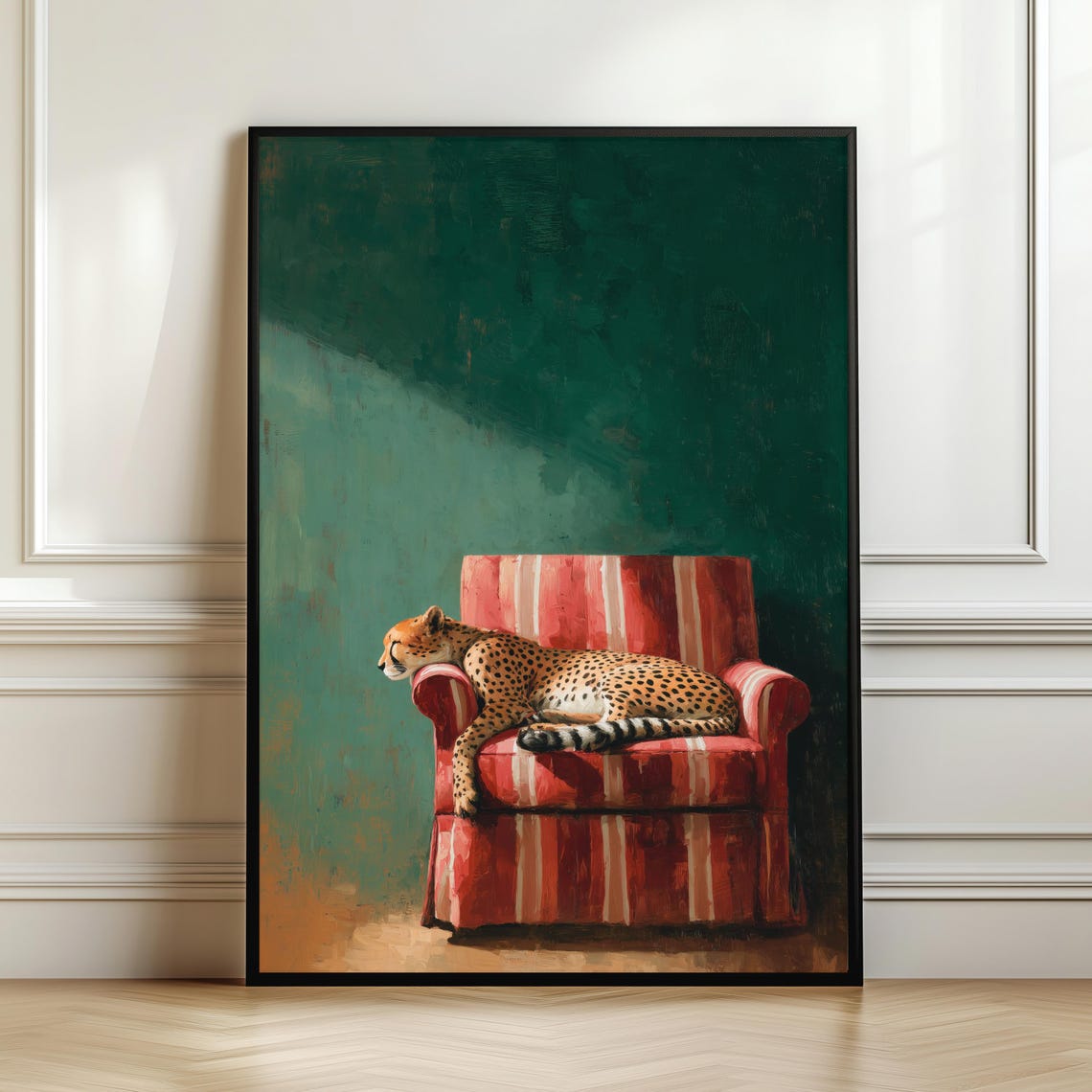 Sleeping Cheetah Red Striped Armchair Emerald Wildlife Poster