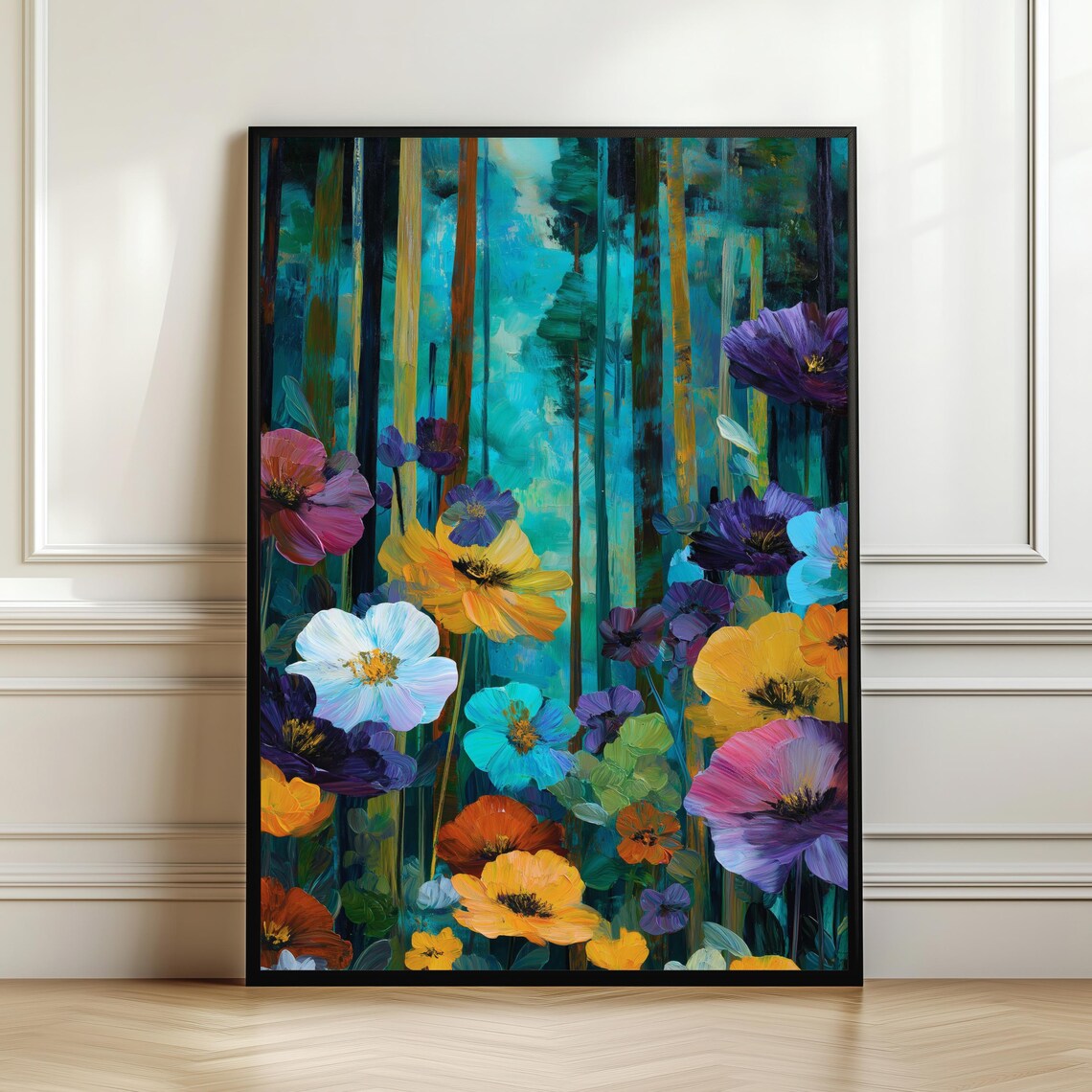 Wildflowers in Teal Forest Colorful Blooms Nature Art Painting Poster