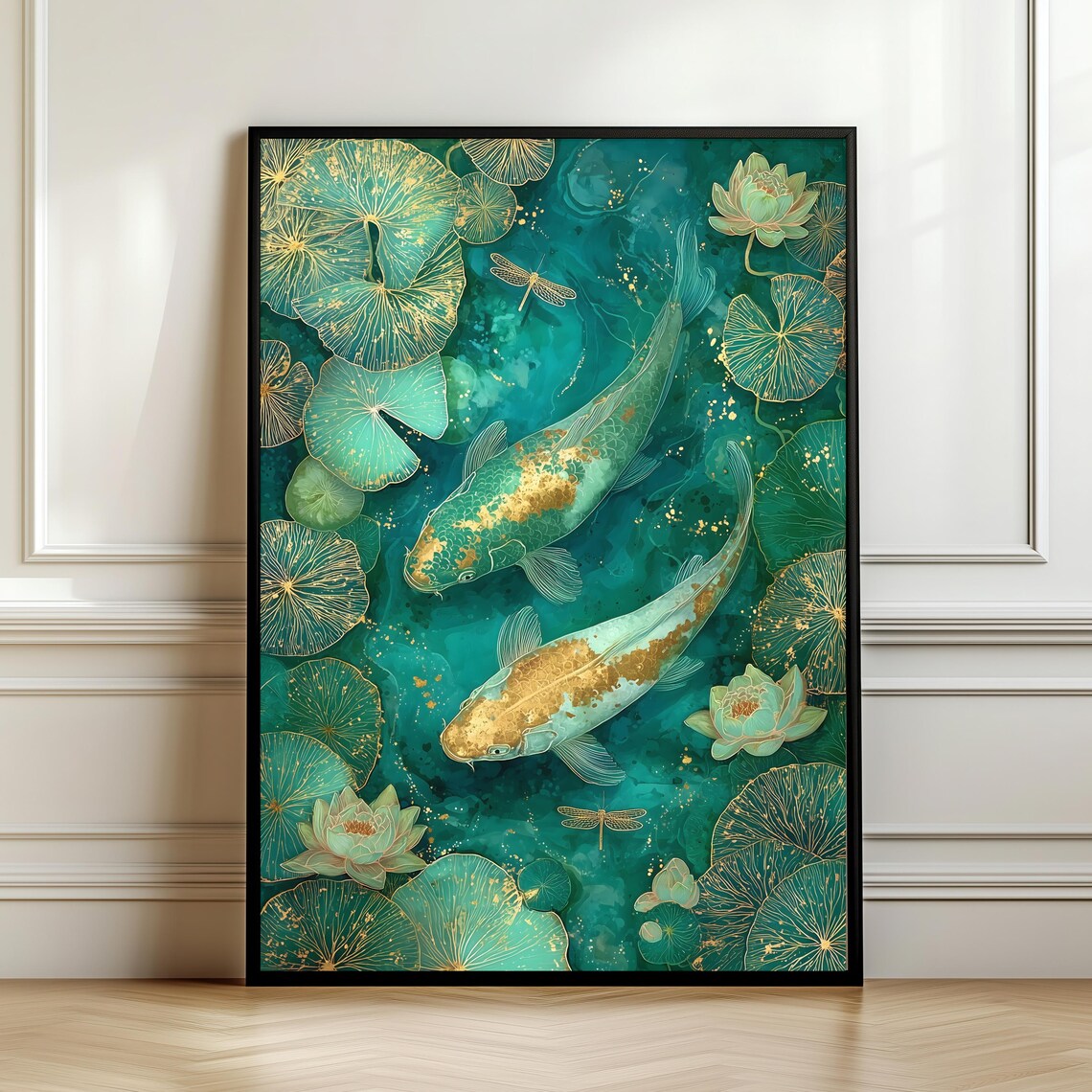 Emerald Koi Fish Wall Art, Japanese Pond Poster