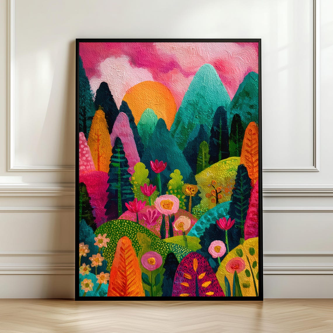 Colorful Abstract Forest Pink Sky Vibrant Floral Landscape Poster