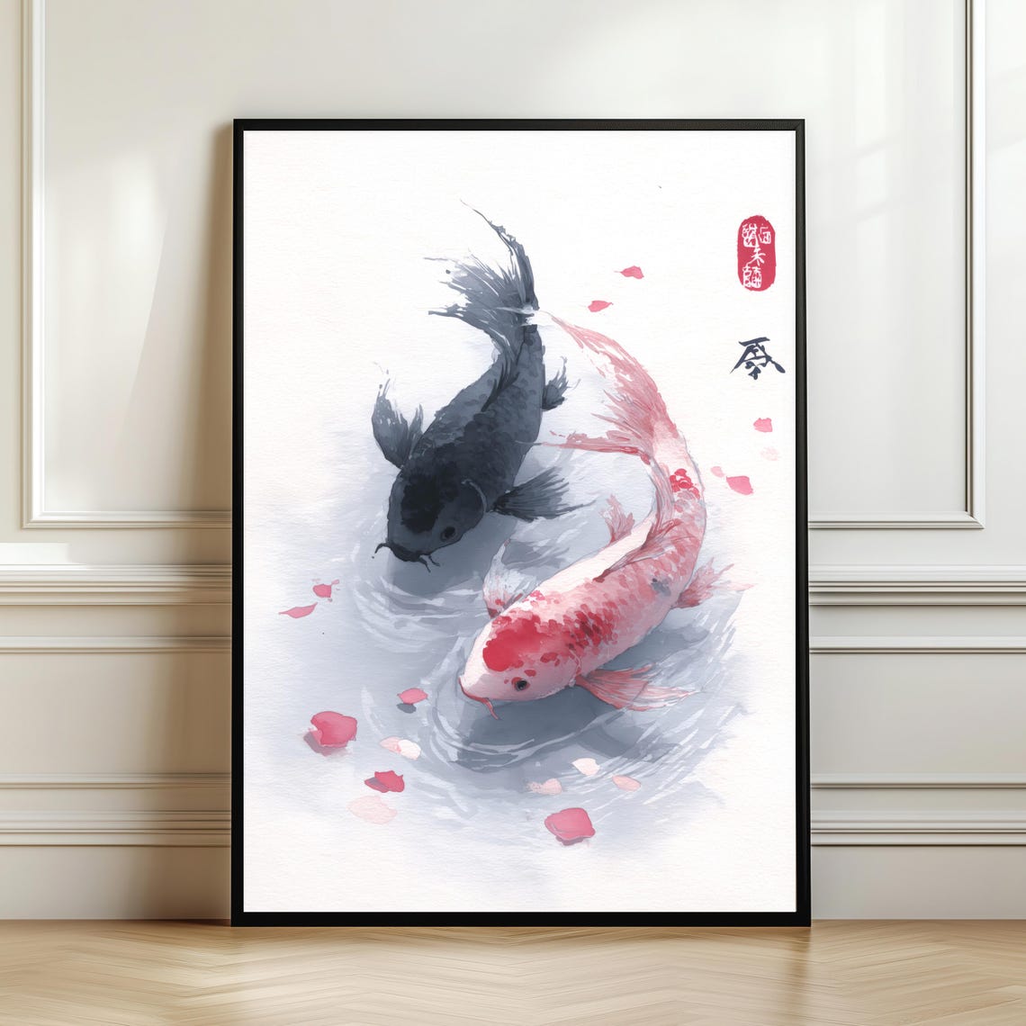Japanese Koi Fish Watercolor Zen Red Black Sumi Style Wall Art