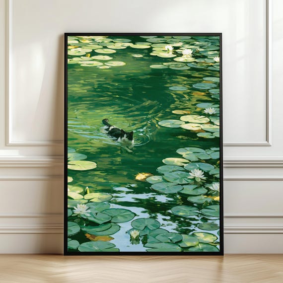 Swimming Cat Art Print, Cottagecore Decor