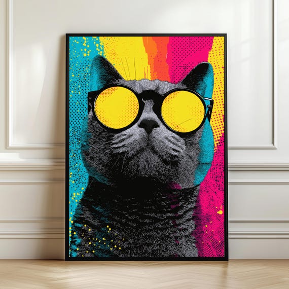 Pop Art Cat Poster Cool With Sunglasses Wall Bold Colorful Animal Print Retro Comic Style Decorcat Lovers Gift Digital Downalod