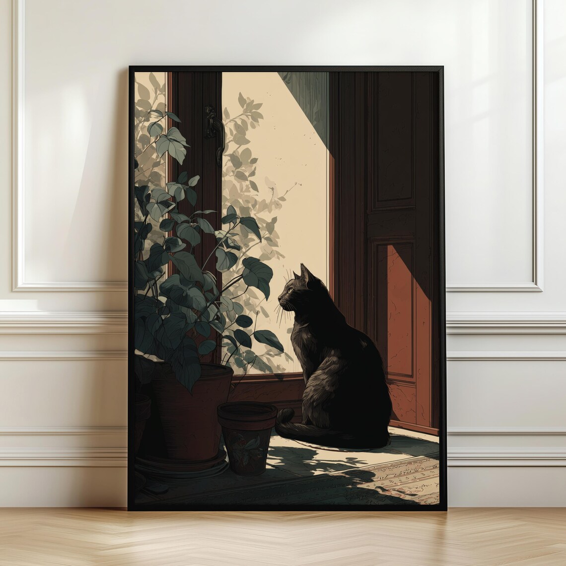 Black Cat Window, Cozy Vintage Style Poster