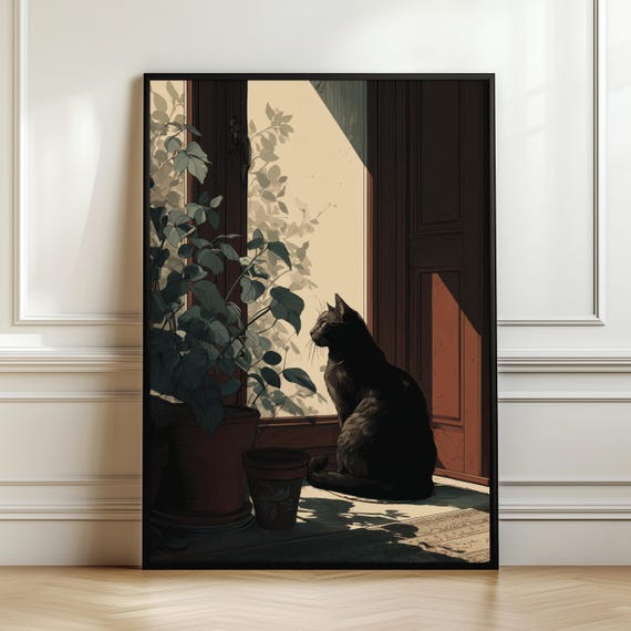 Black Cat Window, Cozy Vintage Style Poster