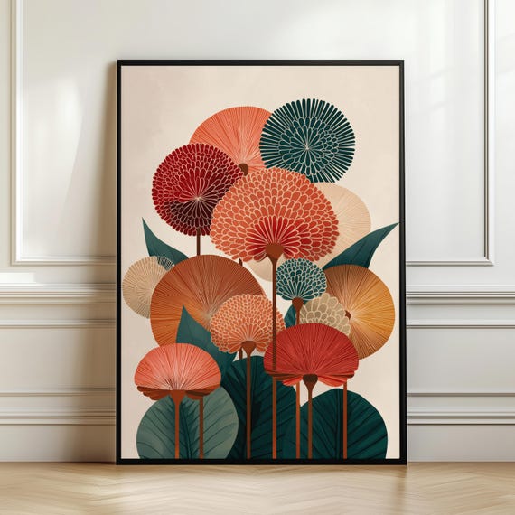 Mid Century Modern Floral Print Retro Botanical Wall Art Terracotta Teal Flower Poster Vintage Decor Abstract Digital Download