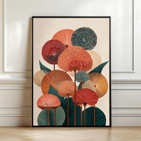 Mid Century Modern Terracotta Floral Botanical Retro Art Poster