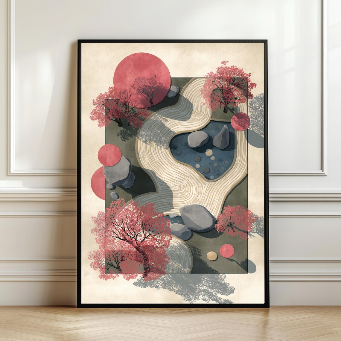 Japanese Zen Garden Aerial View Red Sun Cherry Trees Japandi Art Poster