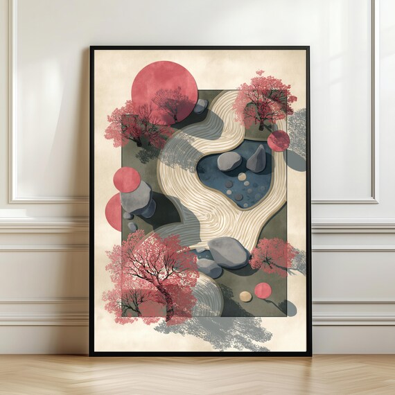 Japanese Zen Garden Wall Art Japandi Landscape Print Minimalist Nature Poster Sakura Tree Decor Meditation Room Digital Download