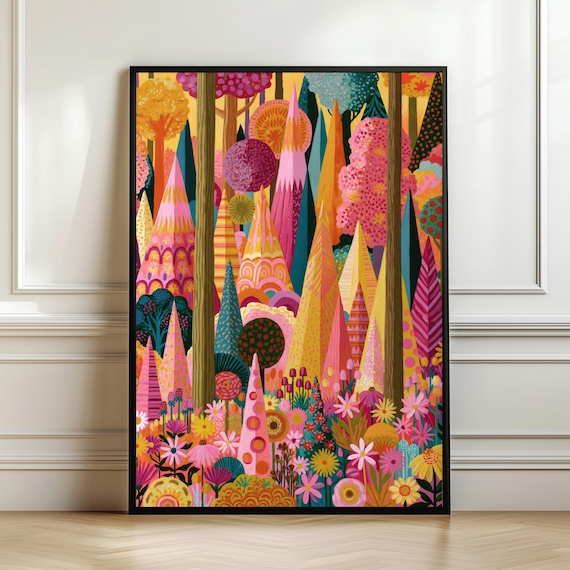 Whimsical Folk Forest Cone Trees Pink Flower Meadow Art Poster