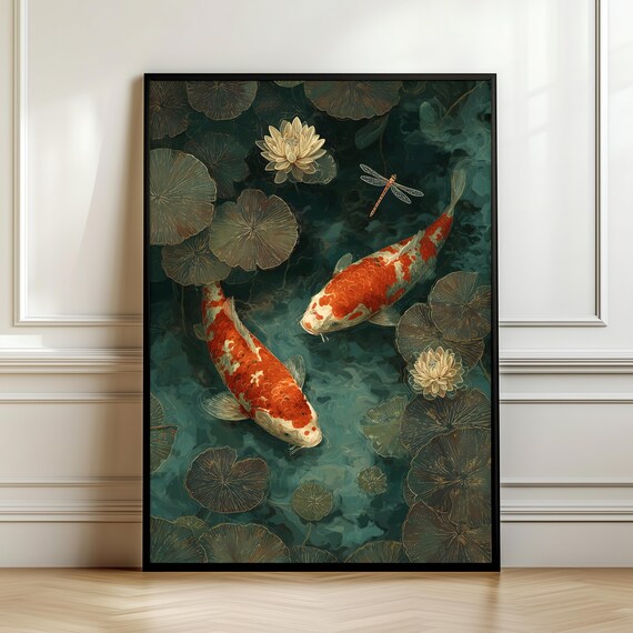 Dark Japanese Koi Fish Pond Wall Art Night Zen Lotus Illustration Elegant Luxury Print Gold Asian Decor Digital Download