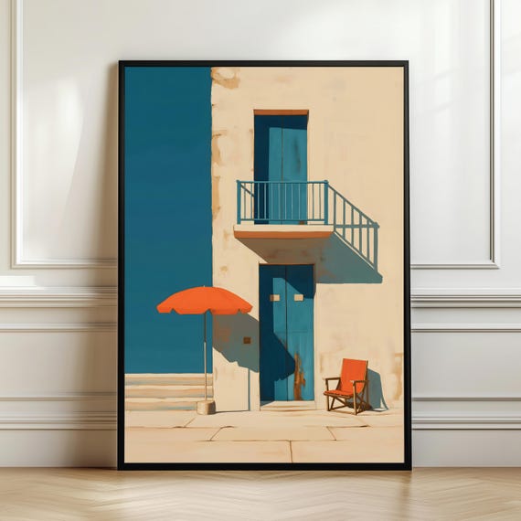 Mediterranean Coastal Architecture Wall Art Blue Door House Poster Orange Accent Chair Print Decor Digital Download