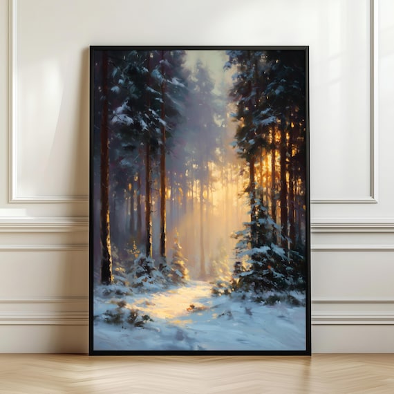 Winter Forest Sunrise Snowy Path Golden Light Snow Pines Landscape Poster