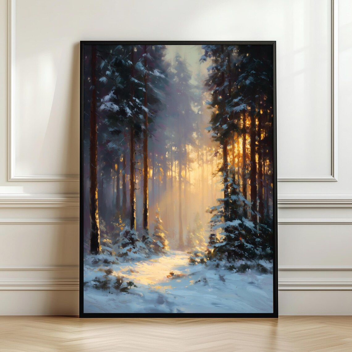 Winter Forest Sunrise Snowy Path Golden Light Snow Pines Landscape Poster