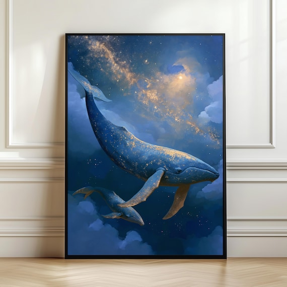 Dreamy Whale Wall Art Celestial Painting Night Sky Printable Magical Ocean Decor Nursery Digital Download