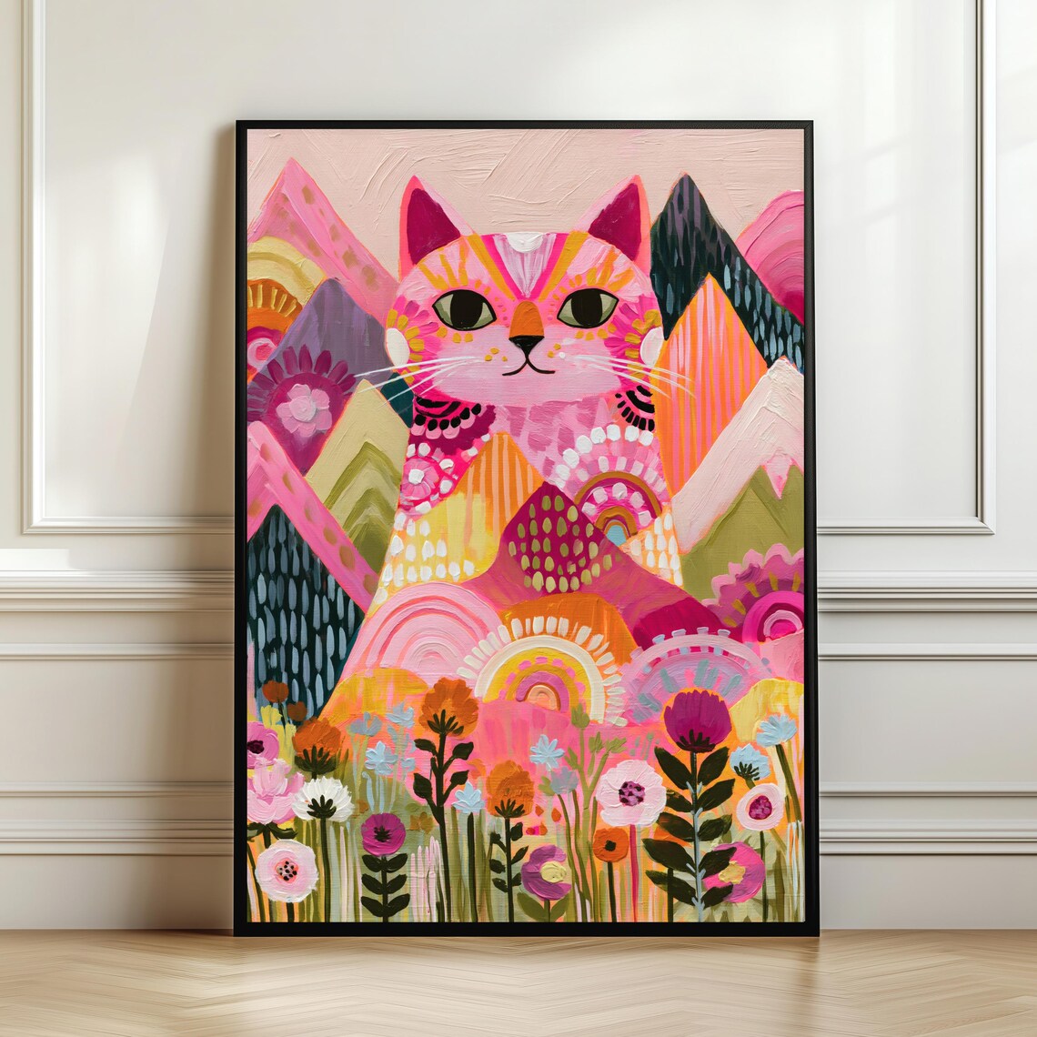 Abstract Cat Poster, Boho Maximalist Decor Gift