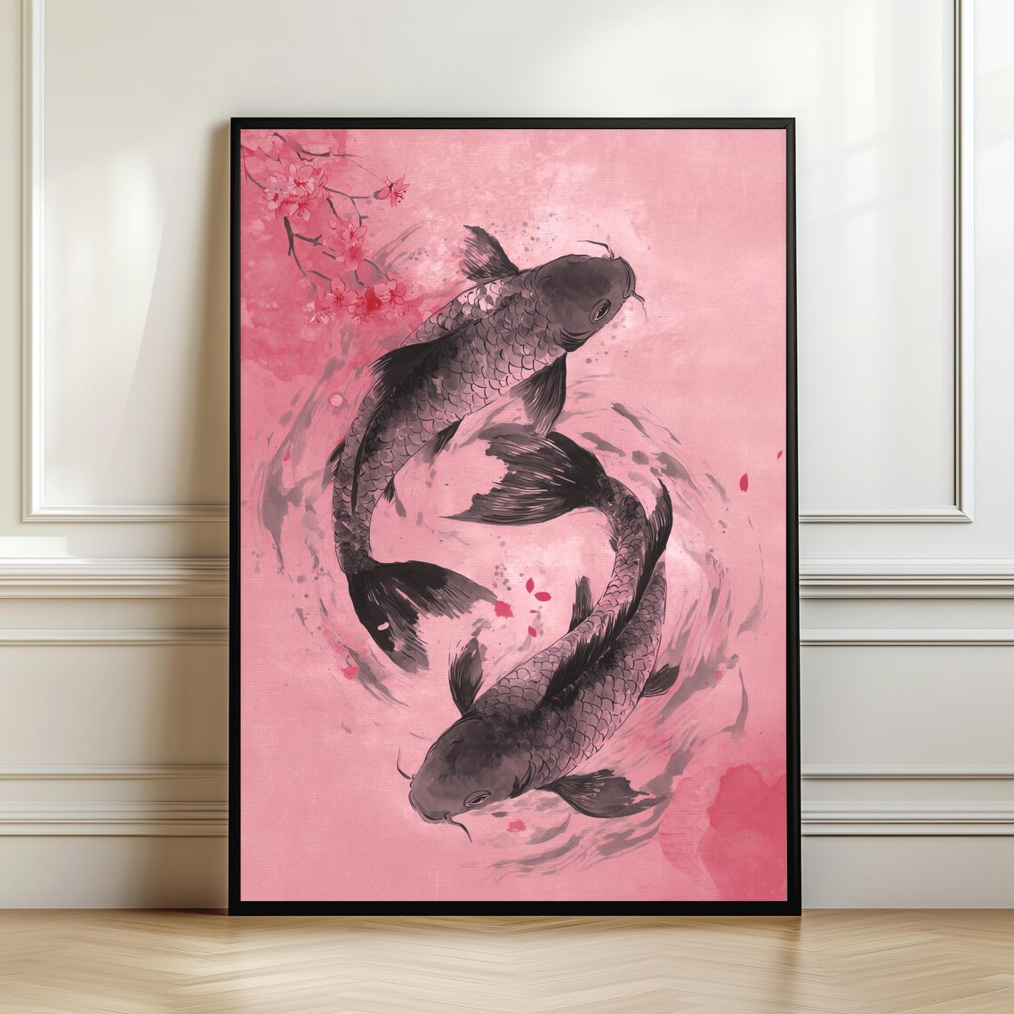 Pink Koi Fish Ink Painting Cherry Blossom Japanese Watercolor Poster