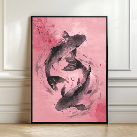 Pink Koi Fish Ink Painting Cherry Blossom Japanese Watercolor Poster