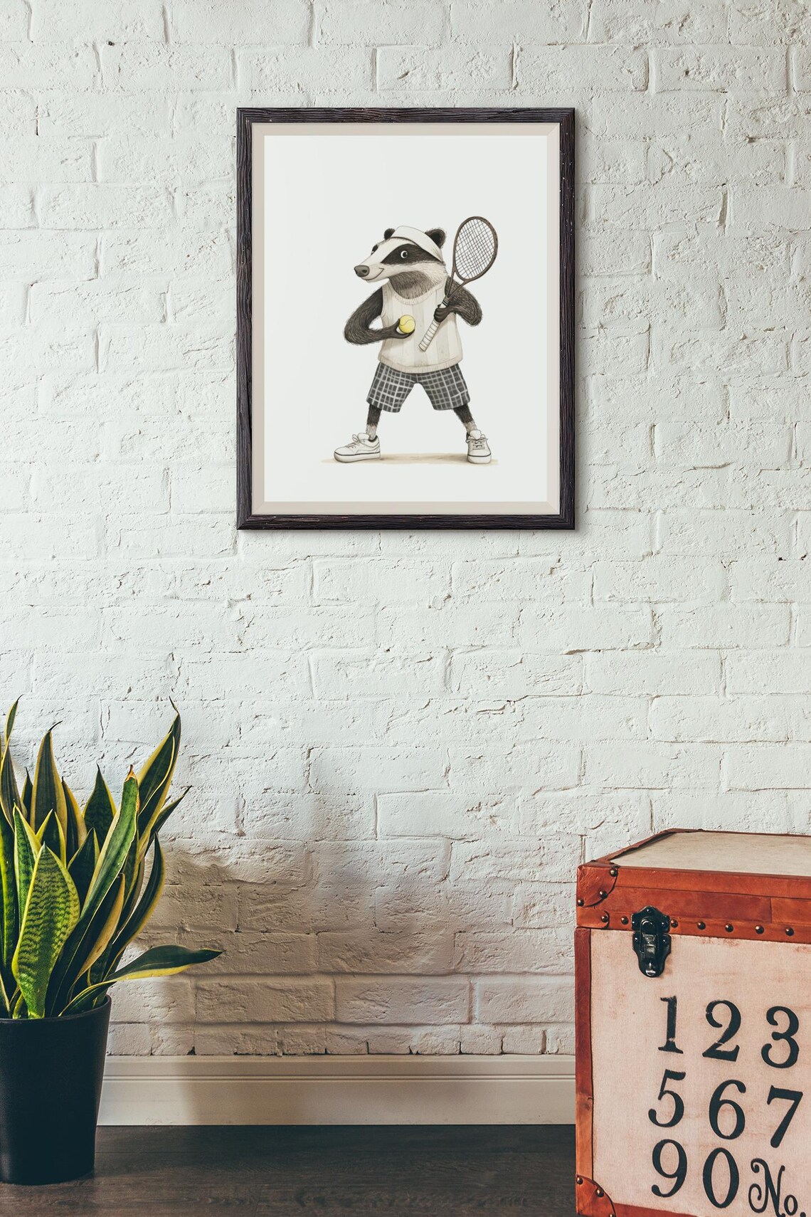 Classic Vintage Badger Tennis Player Holding Wooden Racket Poster - Image 2