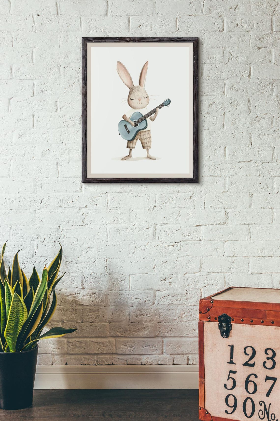 Sweet Bunny Playing a Blue Guitar in Watercolor Nursery Style Poster - Image 3