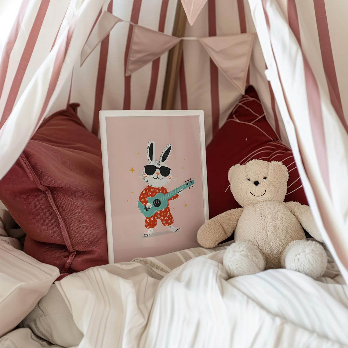 Cool Rabbit with Sunglasses Playing Green Guitar Pink Nursery Poster - Image 3