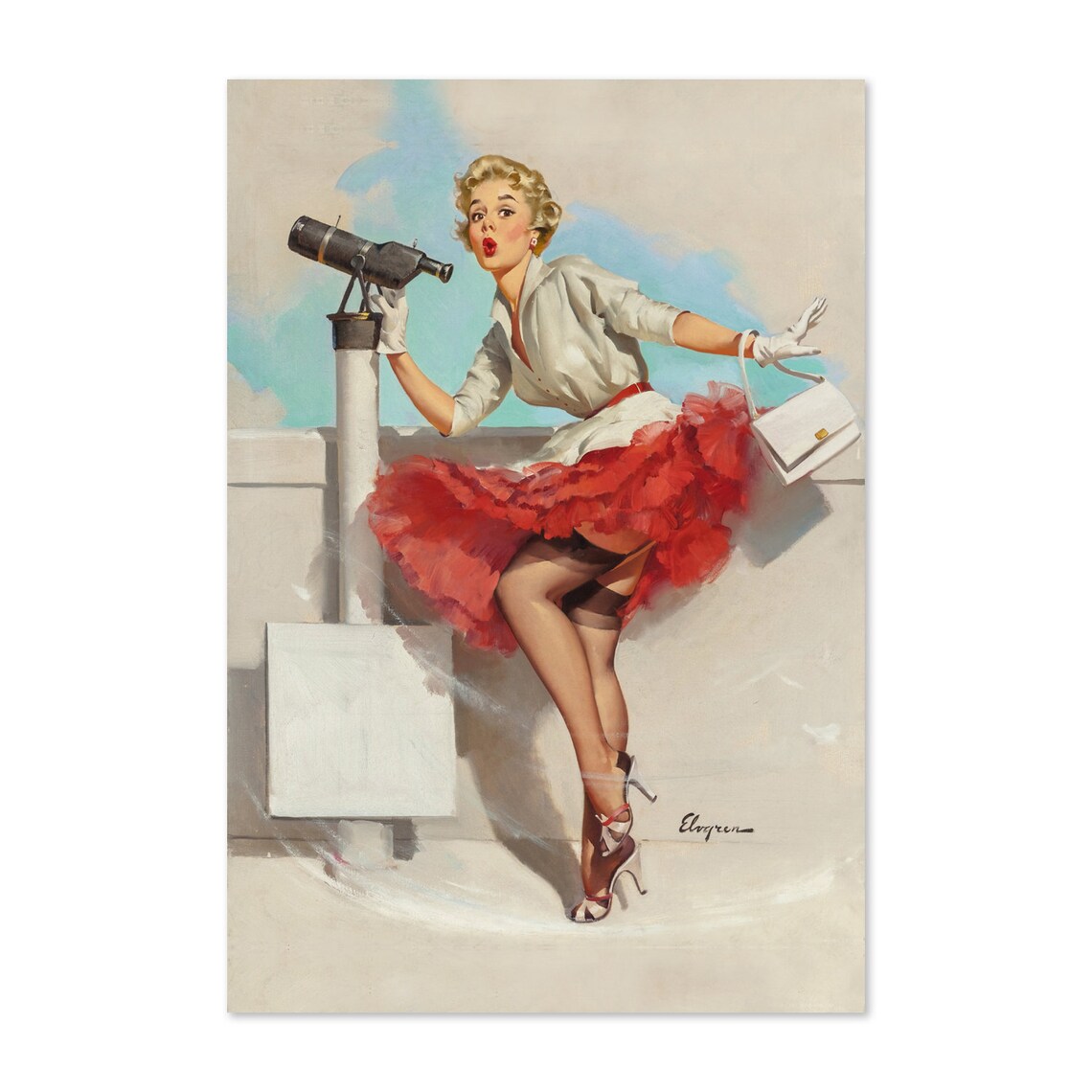 Elvgren What a View Telescope Pin Up Girl Red Ruffle Skirt Poster