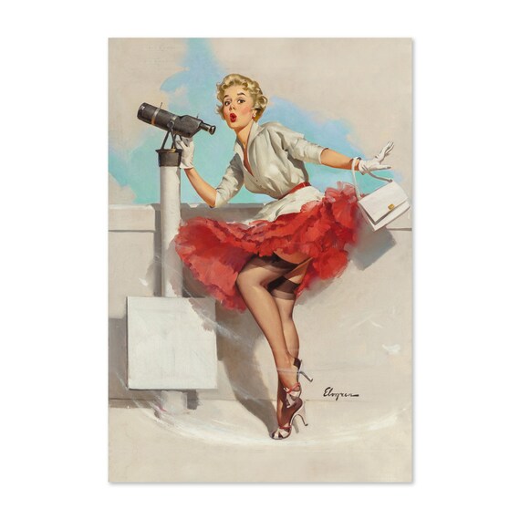Elvgren What a View Telescope Pin Up Girl Red Ruffle Skirt Poster