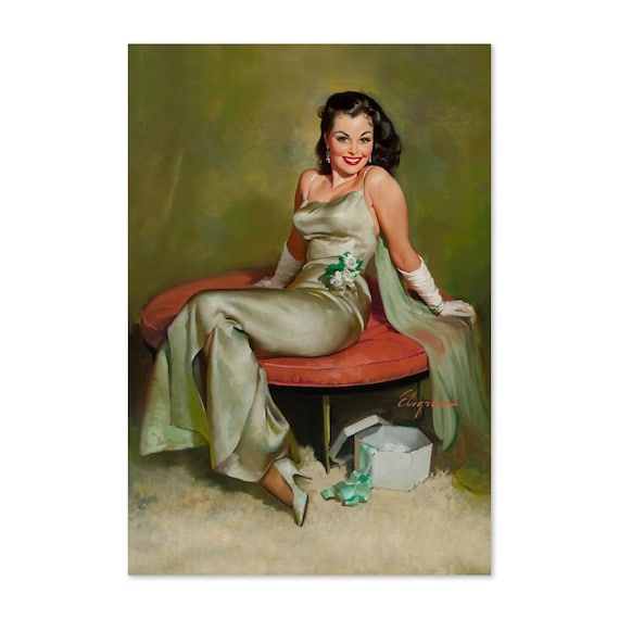 Elvgren Captivating Pin Up Girl Silver Gown Gift Box Vintage Art Poster