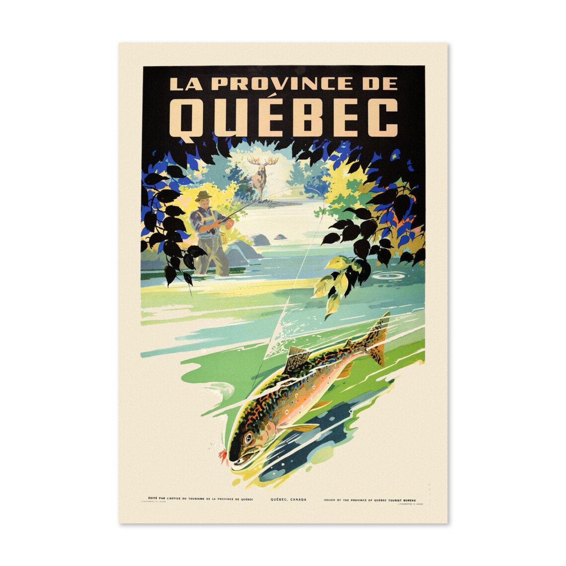 La Province de Quebec Vintage Fishing Moose Trout Travel Poster